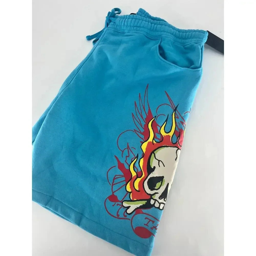 Ed Hardy Graphic Fire Skull Tattoo Men's Fleece Sweat shorts Size XXL Blue NWT
